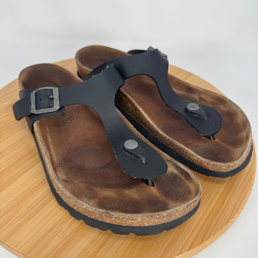 Tamaris Womens Black Leather Thong Sandals Cork Footbed EU 40‎ US 9
